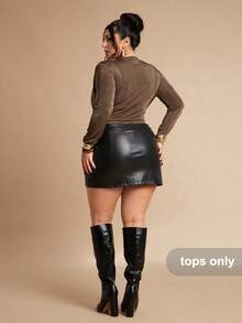 SHEIN BAE 大码女式纯色优雅深V领长袖连体衣 - 棕色 - 查看 2