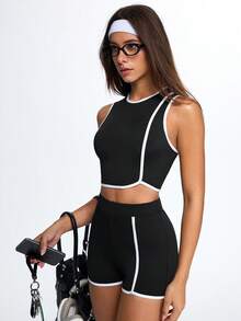 Eassivo Eassivo 女士撞色无袖瑜伽运动套装 - 黑色 - 查看 5