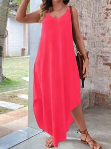 Breezaya Plus Size Solid Color Vacation Casual Dress With Curved Hemline Maxi Women Outfit - Pink - View 4