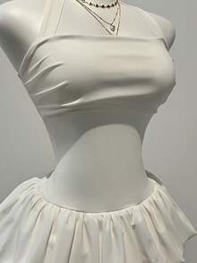 Elamini 女士优雅日常百搭通勤休闲白色短款连衣裙，层叠荷叶边下摆，露背系带蝴蝶结 - 白色 - 查看 6