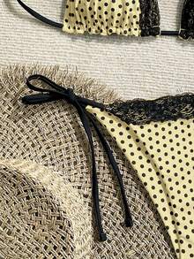 Swim Mod 2025 Women's Summer Beach Polka Dot Print Contrast Lace Halter Tie Sexy Bikini Swimsuit Set - Yellow - View 5