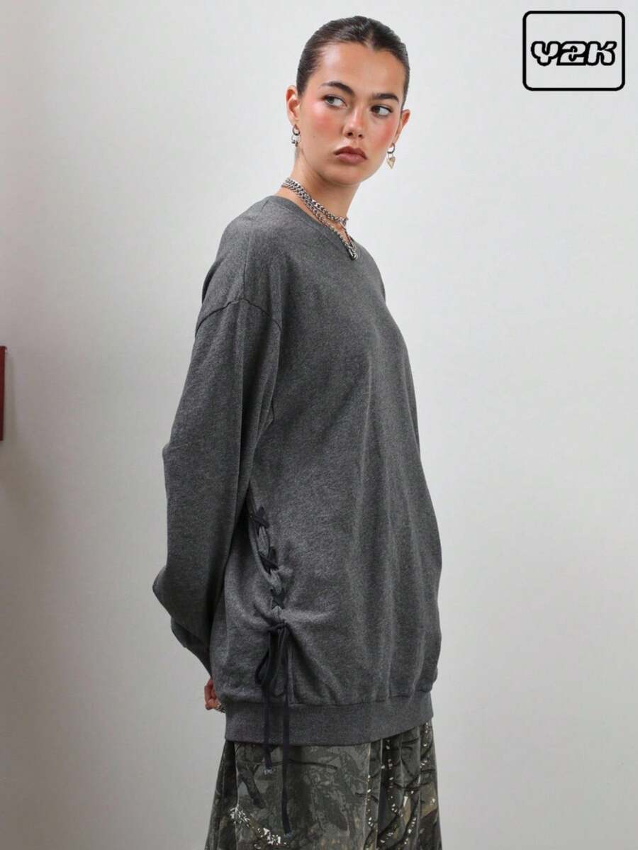 COUREZ 圆领宽松格纹卫衣 / Y2K 春季外出哥特风健身运动卫衣 - 深灰色 - 查看 1