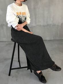 FRIFUL 女士纯色弹力腰开衩下摆休闲半身裙 - 灰色 - 查看 1