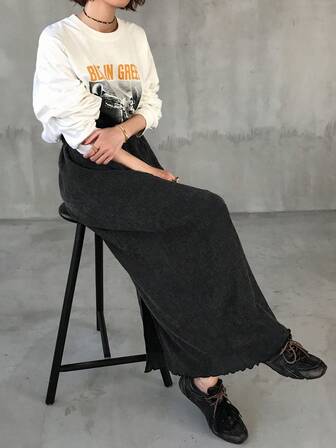 FRIFUL Falda casual de mujer de unicolor con cintura elástica y bajo con abertura