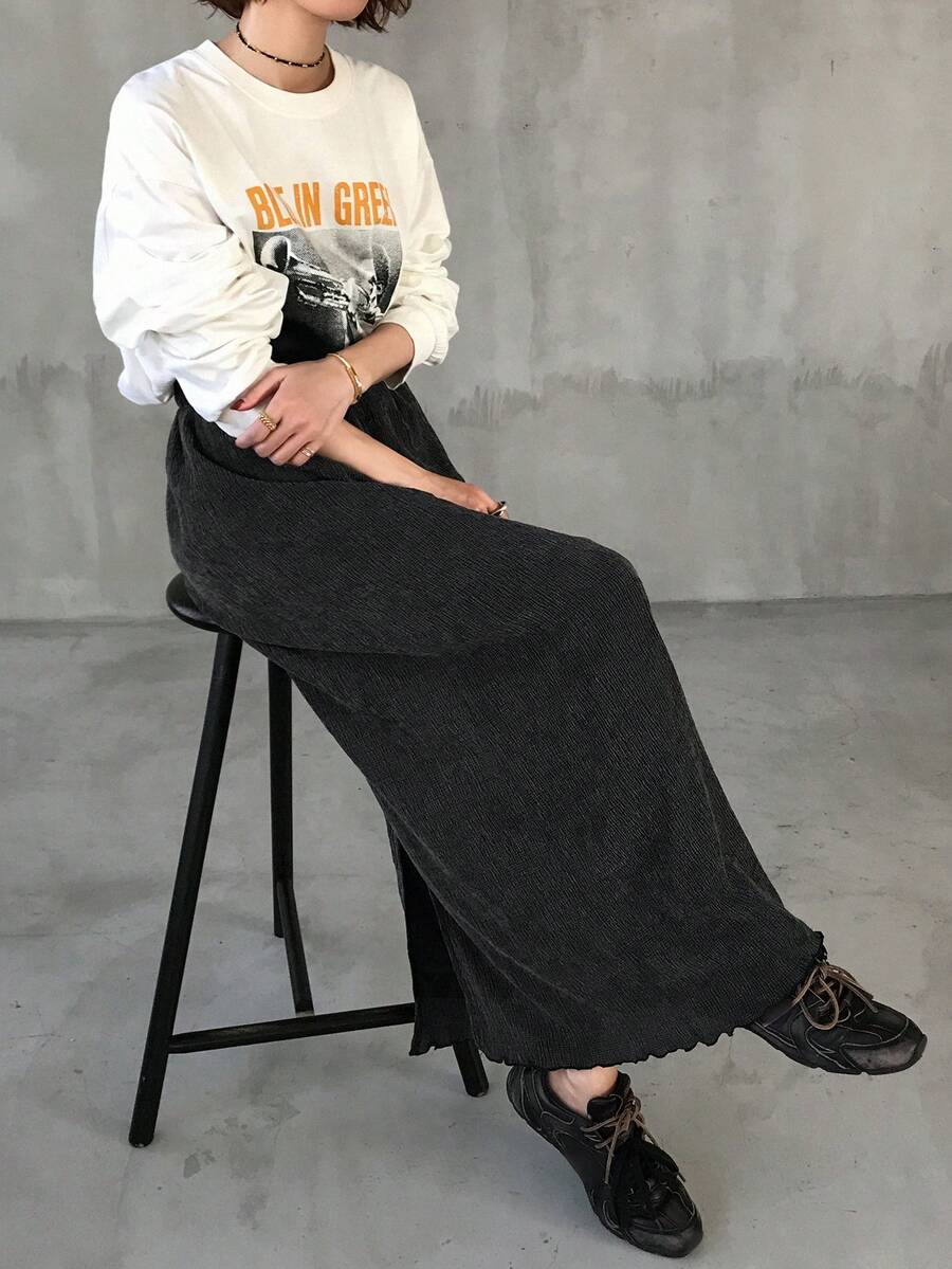 FRIFUL 女士纯色弹力腰开衩下摆休闲半身裙 - 灰色 - 查看 1