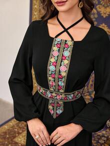 Al Najma Black Arabic Style Dress With Embroidered Floral Trim, Cross-Tie Neckline And Belt - Black - View 2