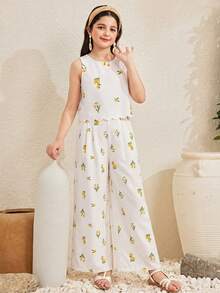 SHEIN 少女休闲度假印花3D蝴蝶结装饰贝壳边圆领无袖开衫和阔腿裤套装 - 彩色 - 查看 3