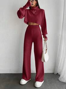 EURMUSE Women Simple Solid Color Long Sleeve Turtleneck Sweater And Pants 2 Pieces Set - Burgundy - View 4