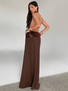 Aloruh Đầm đen đính sequin, hở lưng, cổ yếm - màu nâu - Xem 7