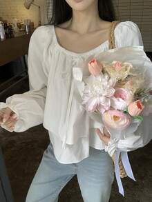 DAZY 女士方领蝴蝶结纯色休闲长袖衬衫 - 白色 - 查看 11