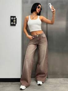 EURMUSE Jeans à jambe large, taille basse, poches inclinées, lavage brun, style décontracté - Tabac - Voir 3