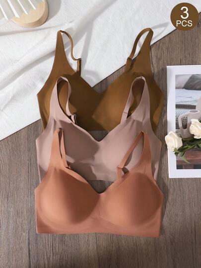 3pcs/Set Seamless Wireless Bras For Women, Solid Color