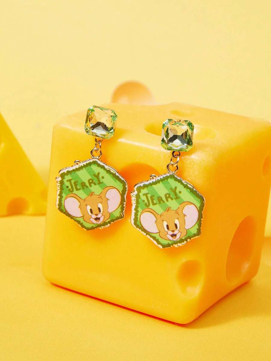 TOM & JERRY X SHEIN A Pair Of Green Rhinestone Cartoon Pendant Earrings - Green - View 1