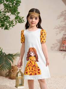 年轻女孩休闲黑色玫瑰印花泡泡袖圆领宽松直筒白色连衣裙 - 白色 - 查看 5