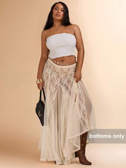 SHEIN BAE Plus Size Women's Black Long Lace See-Through Skirt, Sexy Bodycon Skirt, A-Line Skirt, Perfect For Valentine's Day, Summer, Birthday, Formal Occasions