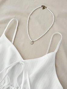 SHEIN 少女夏季套装 白色系带蝴蝶结吊带背心 – 以及休闲夏季套装 - 白色 - 查看 3
