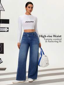 Flexra Quần jeans nữ dáng rộng, cạp không đối xứng - Rửa trung bình - Xem 7