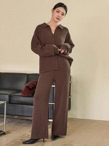 Dazy-Less Women's Solid Color Drop Shoulder Long Sleeve Knitted Cardigan And Knitted Pants Casual 2-Piece Set, Autumn/Winter Business Casual Woman - Coffee Brown - View 7