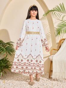 Tween Girl Floral Print Flare Sleeve Dress With Waist Tie And Ruffle Hem - White - View 5