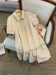 SHEIN Clasi Đầm nữ cỡ lớn kẻ sọc cổ bẻ, đầm thường ngày, đầm đi nghỉ mát, đầm ngoài trời. - Màu be - Xem 5