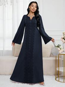 Al Najma 女士纯色简约长袖阿拉伯风格连衣裙，休闲日常穿着 - 藏蓝色 - 查看 4