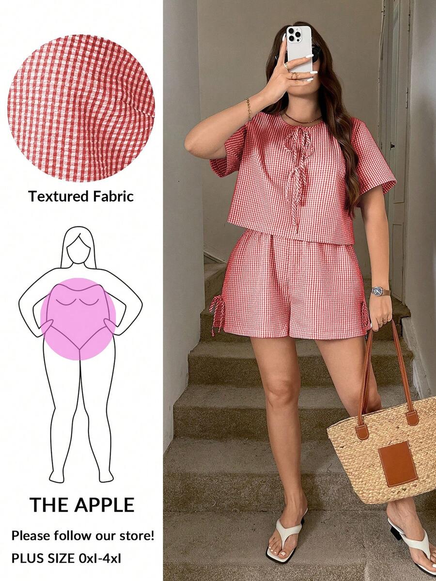 SHEIN LUNE 大码女式格子印花返校季服装 夏季女装 前系带衬衫 商务休闲女式短裤套装 返校节情人节女装 两件套 秋季女装 复古风格女装 节日女装 - 紅白色 - 查看 1