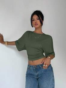 Aloruh Áo thun nữ cổ tròn tay cánh dơi xếp ly ngắn tay, màu trơn, kiểu dáng thường ngày - Màu xanh lá cây đậm - Xem 7