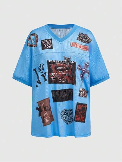 ROMWE Avant Y2K-Stil Damen T-Shirt mit V-Ausschnitt, Kurzarm, mit Buchstaben- und Lippenprint