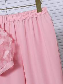 SHEIN 两件套女童优雅网纱刺绣蝴蝶结泡泡袖上衣，搭配简约直筒裤，适合日常、派对、外出、春夏休闲穿着。 - 粉色 - 查看 8