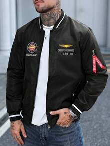 Manfinity Homme Men's Casual Printed Zip-Up Jacket Black Bomber Jacket Men Men Jackets Casual Men Graphic Jacket Streetwear Jacket Men Bomber Jacket Old Money,Daily Leisure,, Travel, Work, Boyfriend/Husband Gift, Anniversary /Birthday Gift Party Summer Vacation Holiday New Years Wedding Valentine's Day - Black - View 3