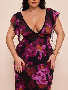 SHEIN BAE 大码女式紫色V领荷叶边连衣裙 - 紫色 - 查看 6