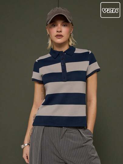 COUREZ Short Sleeve Shrunken Stripe Polo Shirt /Y2K  Spring Clothes For Women Blue Tops Going Out Tops For Women Party Tops Summer Tops