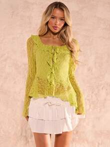 SHEIN Glamour Delicate French Style Mint Green Lace Ruffle Trim Lightweight Lace Fabric T-Shirt With Sheer Hazy Effect, Featuring Layered Ruffle Trim At Neckline, Hem And Cuffs, Plus Front Tie Detail, Sweet And Feminine Yet Slightly Sexy, Suitable For Casual Outings And Gatherings With Friends - Green - View 3