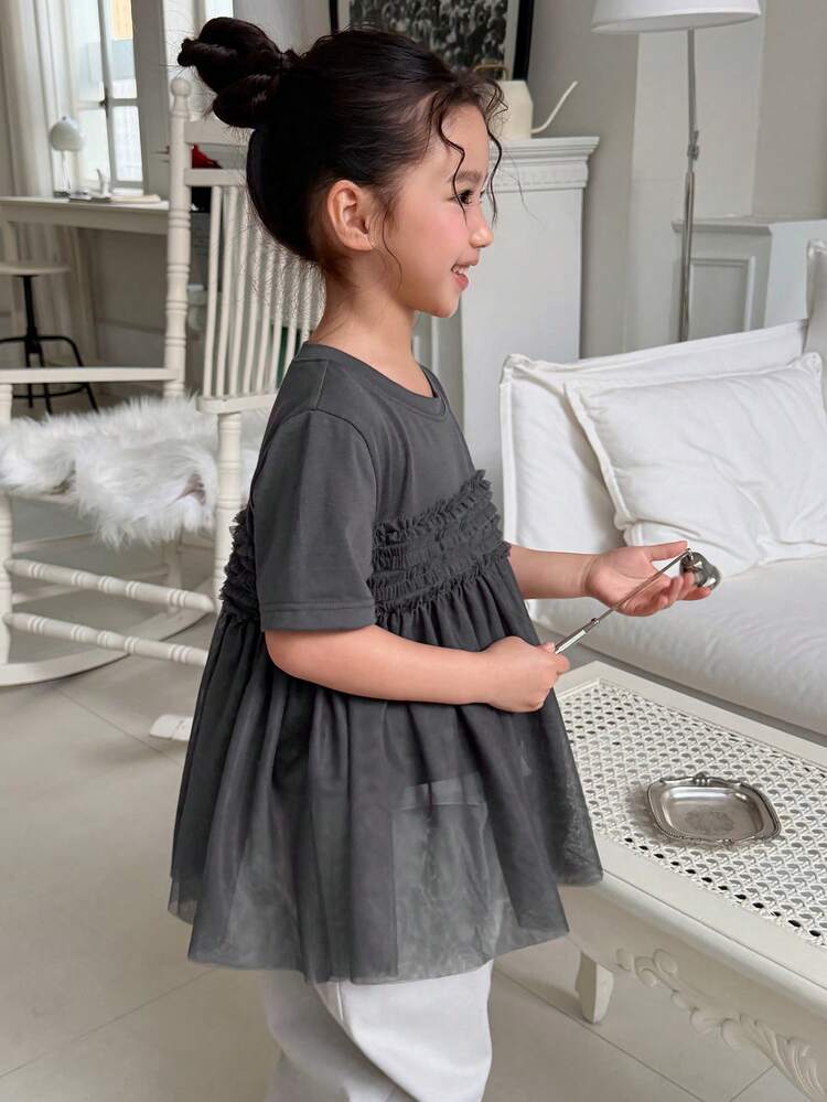 Young Girls Round Neck Mesh Patchwork Short Sleeve Casual T-Shirt, Korean Style Summer
