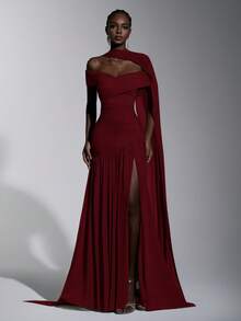 Elitara Đầm dáng chữ A bất đối xứng, màu xám thanh lịch, tối giản, hở vai, xếp ly, xẻ tà cao, thích hợp cho đám cưới, sự kiện trang trọng, dạ hội và tiệc cocktail. - Màu Đỏ Sâu - Xem 4