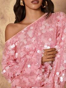 Rafferiza 女士亮片装饰宽松不对称肩长袖衬衫 - 粉色 - 查看 3