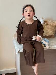 DAZY 2pcs Baby Girls' Comfortable Round Neck 2 In 1 T-Shirt And Leggings Pajama Set Toddler Girls Clothes - Brown - View 6