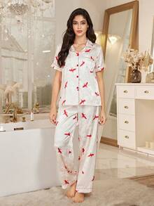 SHEIN Chinese Style Luxurious Jacquard Pattern Crane & Cloud Print Short Sleeve Top And Pants Set - Apricot - View 5