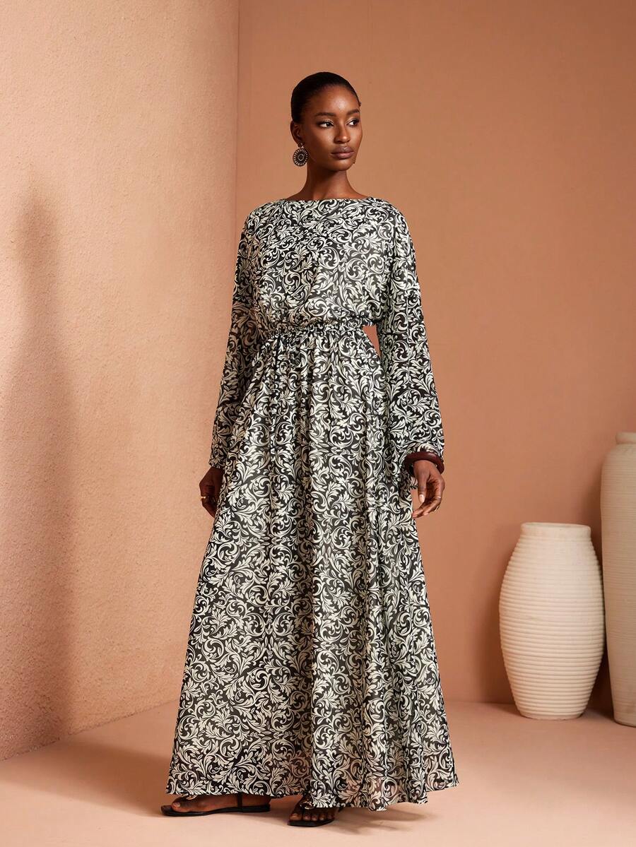 JIAN LASALA All-Over Print Chiffon Boat Neck Elastic Waist Tie Flared Sleeves Women Maxi Dress Long Dress With Sleeves Boho Dress Toleen Dress Beach Wedding Guest - Multicolor - View 1
