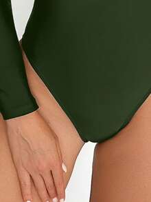 SHEIN Swim Sexy Knitted Fabric Dark Green Long Sleeve High Neck Bodysuit Rashguard - Dark Green - View 4