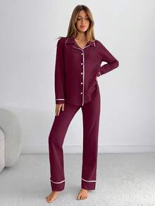 SHEIN Cottnline Classic Button Pajama Set – Soft Long Sleeve Top And Comfortable Straight Leg Pants Loungewear - Burgundy - View 3