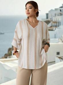 Parysyn 大码女式梭织休闲夏季衬衫 - 杏色 - 查看 4