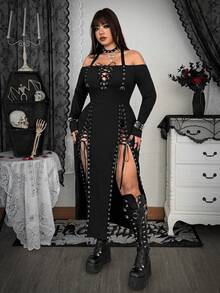 Whyspr Plus Size Women's Fashionable Sexy Halter Neck Slit Tie-Up Dress - Black - View 4