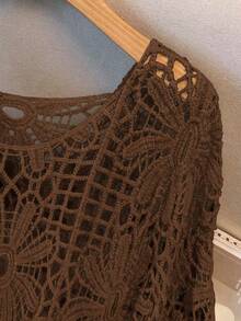 GlowEve CURVE Plus Size Women Crochet Hollow Out Round Neck Batwing Sleeve Loose Pullover - Brown - View 5