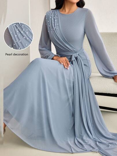 Veilorie Vestido elegante de estilo árabe para cóctel y fiesta con cuello redondo, diseño de lazo en la cintura y decoración de perlas falsas