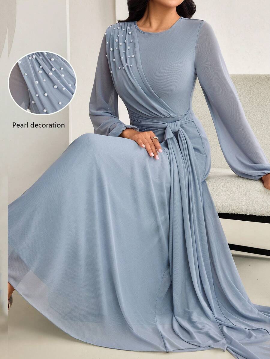 Veilorie Đầm dự tiệc cocktail phong cách Ả Rập cổ tròn thắt eo thiết kế ngọc trai giả trang trí thanh lịch cho nữ