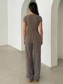 Aloruh Women's Casual Homewear Pajama Set, Includes Striped Crew Neck And Loose Striped Straight Leg Pants,  Back To School Clothes Brown Striped Two Pieces Set,Casual Sets For Women ,Casual Outfit For Women - Multicolor - View 3