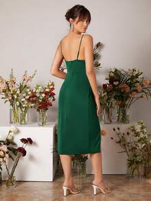 SHEIN Belle Burgundy Red Split Thigh Wrap Detail Bridesmaid Dress - Dark Green - View 3