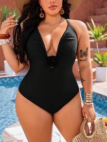 Swim Lushoire Áo tắm liền thân cỡ lớn dành cho nữ màu đen thanh lịch với họa tiết hoa hồng 3D, gợi cảm cho kỳ nghỉ hè trên bãi biển. - màu đen - Xem 4