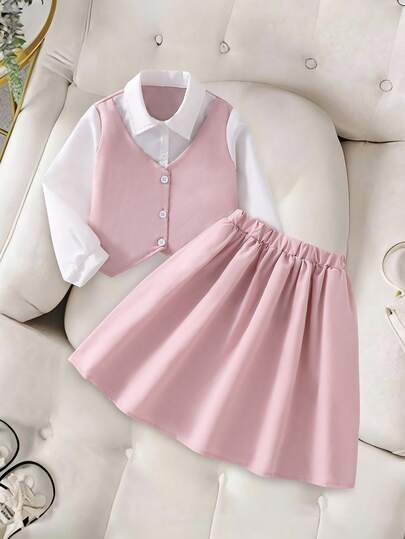 2pcs Young Girls Fashion 2 In 1 Shirt With Pink Skirt Set, Soft & Comfortable Fabric, Suitable For Spring/Autumn, Photo Shoots, School, And Various Occasions